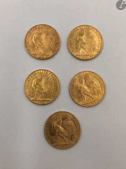  5 pièces de 20 Francs en or. Type Coq. 1901 - 1904 (2) - 1910 (2).