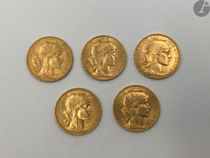  5 pièces de 20 Francs en or. Type Coq. 1909 (2) - 1912 (2) - 1914.