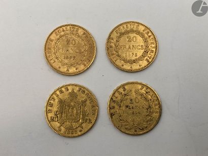 null 4 pièces de 20 Francs en or:

- 2 pièces de 20 Francs en or. Type Génie. 1875...