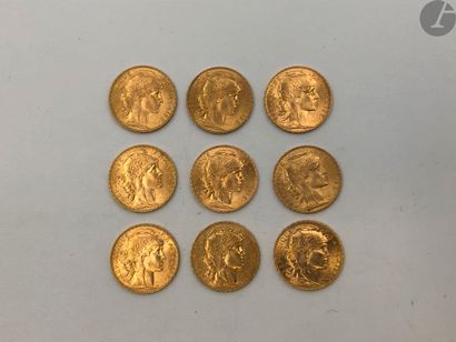 null 9 pièces de 20 Francs en or. Type Coq
