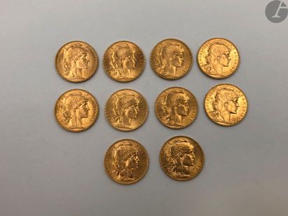 10 pièces de 20 Francs en or. Type Coq