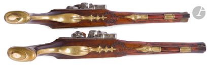  Pair of Officer's Flintlock Pistols {CR}Blued, engraved and gold decorated round...