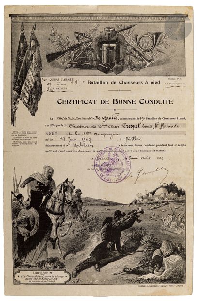  CHARLES DE GAULLE, COMMANDANT LE 19e BATAILLON DE CHASSEURS À PIED {CR}Certificat...