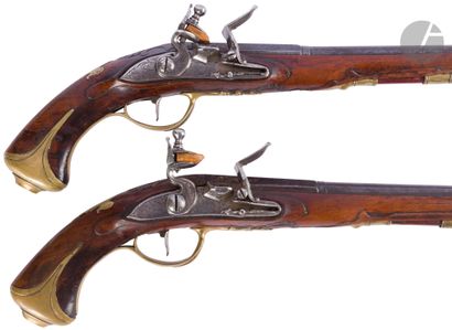  Pair of Officer's Flintlock Pistols {CR}Blued, engraved and gold decorated round...