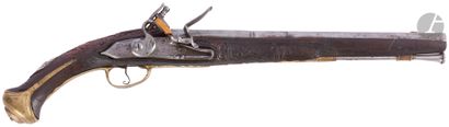 Long flintlock pommel gun in the Balkan style. {CR}Round barrel with engraved thunderbolt...