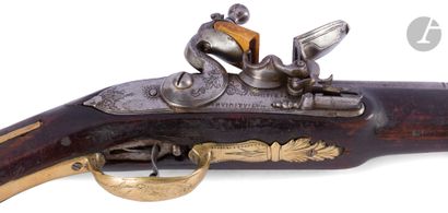 null 
Long flintlock pommel gun. {CR} Round barrel with thunder flats, punched. Tail...
