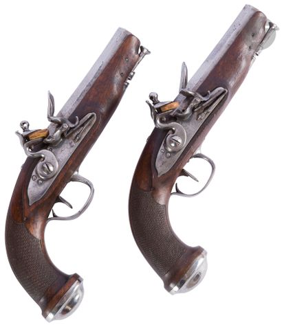  Pair of travel flintlock pistols. {CR}Barrels...