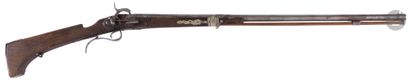  Flintlock shotgun converted to percussion, Spanish. {CR}Round barrel with thunderbolts...
