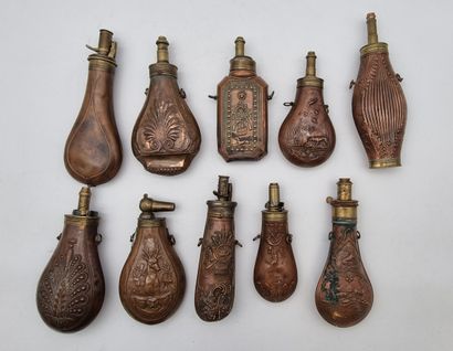 null Lot of 10 red copper powder flasks {CR} with brass spouts, some of which are...