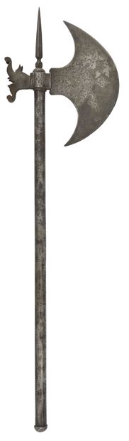  Indo-Persian panoply weapon axe. {CR}Large engraved crescent-shaped iron, with a...