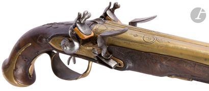 null 
Naval officer's double flintlock pistol.{CR}Bronze round barrels in table,...