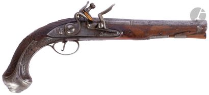  British officer's flintlock pistol. {CR}Round barrel with thunderbolt, stamped "TR"...