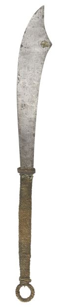 null Chinese short sword. {CR}Handle tied with vegetable, iron guard, large blade...