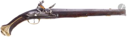  Long flintlock pommel gun. {CR} Round barrel with thunder flats, punched. Tail of...