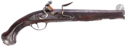 Flintlock pommel gun. {CR}Round barrel with thunderbolt. Gooseneck lock and hammer...