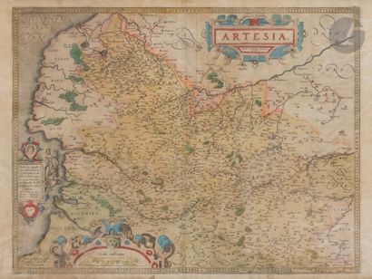  Map. Watercolor engraving of 1587 : Artesia (Artois) Framed under glass, (foxing...