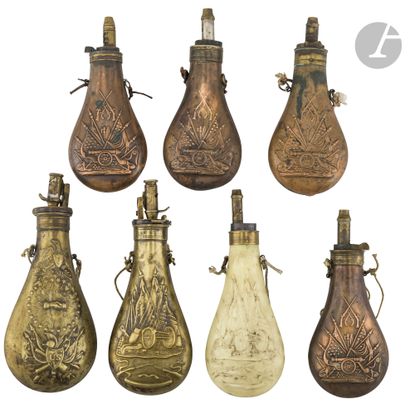 Set of 7 US copper and brass powder flasks{CR}...