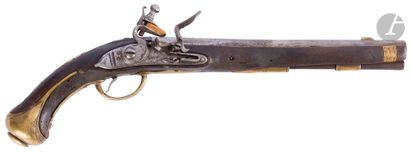  Flintlock pommel gun. {CR}Round barrel with thunderbolt. Signed lock and gooseneck...