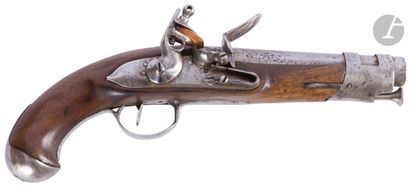  Revolutionary half-rack flintlock pistol. {CR}Round barrel with thunder flats. {CR}Punched...