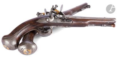 null 
Pair of flintlock pommel pistols. {CR}Round barrels with thunderbolts. {CR}Signature...