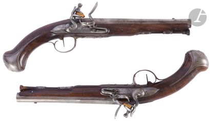 null 
Pair of flintlock pommel pistols. {CR}Round barrels with thunderbolts. {CR}Signature...