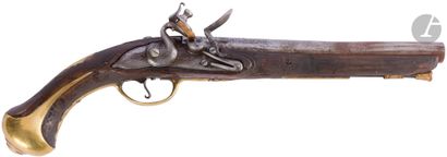 null 
Flintlock pistol. Gooseneck lock and hammer with round body. {CR}Brass fittings,...