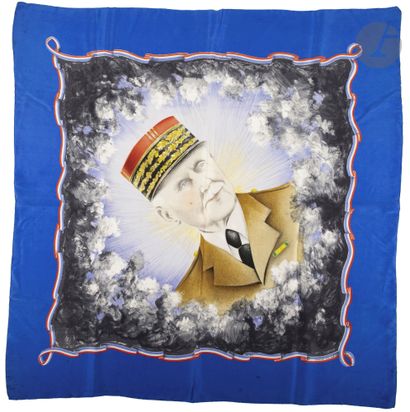  Silk scarf color tricolor representing the Marshal Pétain, bust in uniform, on a...