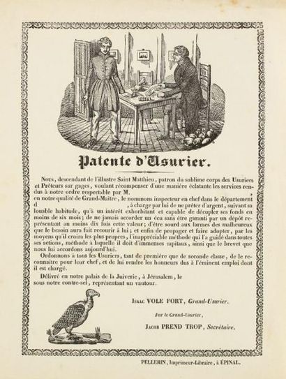 null ANTISÉMITISME - Patente d'usurier. Épinal, Pellerin, s.d. (entre 1840 et 1880)....