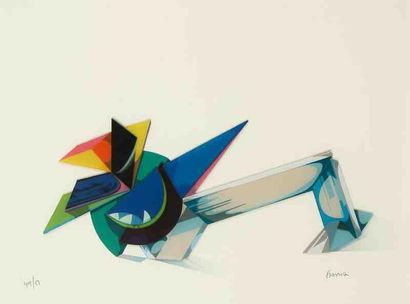 Jean-Claude Farhi (né en 1940) Composition abstraite Plexiglas coloré sur fond lithographié....
