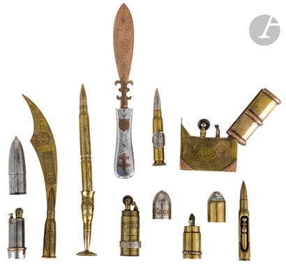 null Set of ten trench souvenirs including:
a shell-shaped cachet engraved "G. Maillard...