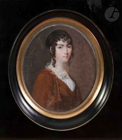  Émilie CORBIN. École du début du XIXe siècle. Portrait de femme au foulard brodé...