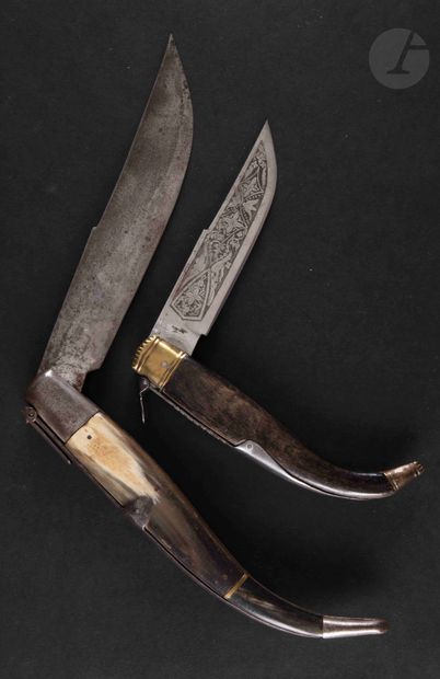 null Two folding knives of the "NAVAJAS" type, the handles in horn and the blades...