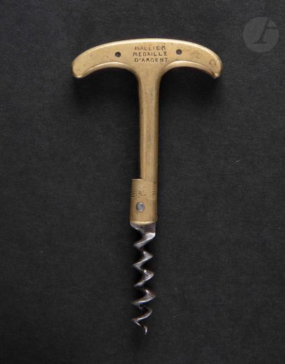 null Brass folding corkscrew, the handle in the shape of "T".

Marked "MALLIER SILVER...