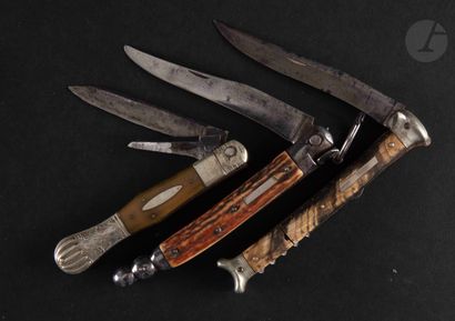  Trois couteaux pliants, les manches en bois (fente), corne et bois de cerf. 
Deux...