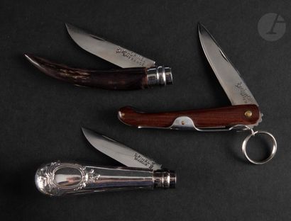  OPINEL 
Three folding knives with wooden, horn and silver plated handles. 
Lengths...