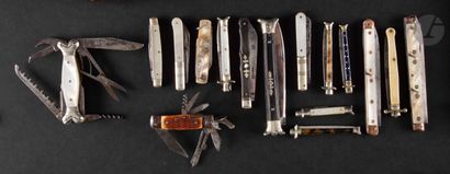 Sixteen folding knives with mother-of-pearl,...