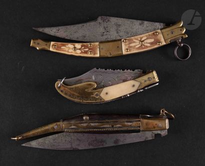  Three folding knives of the "NAVAJAS" type, one with chiselled blade. The handles...