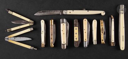 Twelve folding knives, bone and plastic handles,...