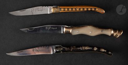LAGUIOLE 
Three folding knives, the handles...