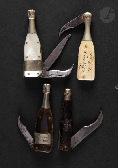 null Four advertising disgorging knives in the shape of a champagne bottle in metal...