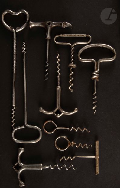 null Ten simple corkscrews in iron or nickel-plated metal, the handles of various...