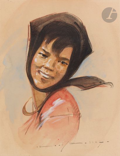 null Louis ROLLET (1895-1988)
Portrait de jeune fille coiffée d’un foulard noir
Gouache...