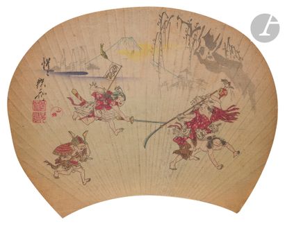 null Kawanabe Kyosaï (1831-1889), JapanEstamp
, ink and polychrome on uchiwa e paper,...