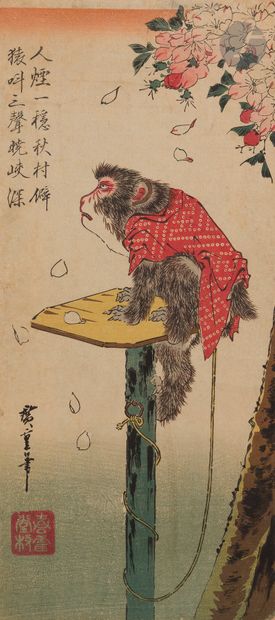 null Utagawa Hiroshige (1797-1858), singe attaché sous un cerisier, Ôka ni tsunagi...