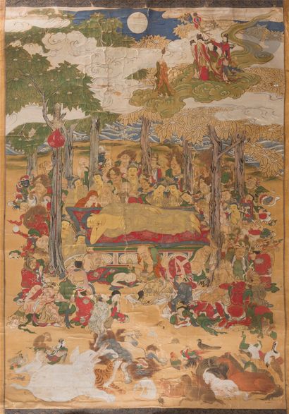 null Nehan-zu or "Nirvana painting", representing the death of the Buddha, Japan,...