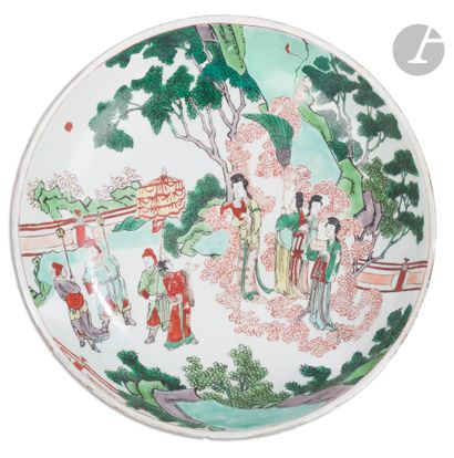 null Porcelain dish decorated in polychrome enamels with figures on the terrace of...