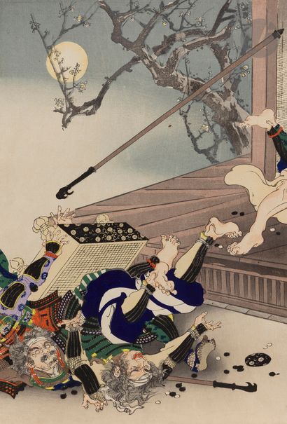 null Utagawa Kokunimasa (1874-1944), triptych: Sato Tadanobu and the overturned go...