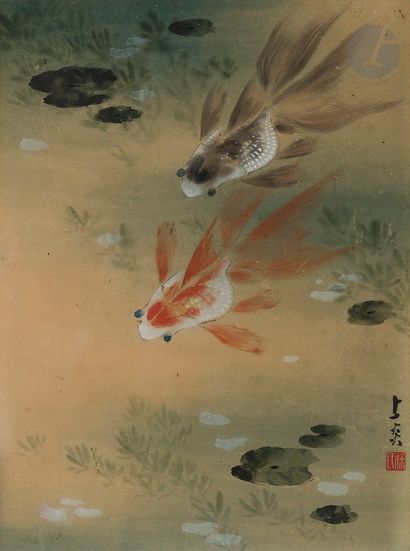 null Peinture rectangulaire en hauteur à décor de poissons et nénuphars, Chine, XXe...