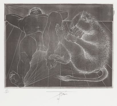 null Pierre-Yves Trémois (1921-2020)
Homme au babouin. 1986. 
Eau-forte typographique....