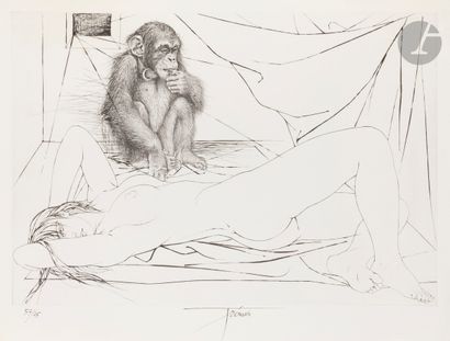null Pierre-Yves Trémois (1921-2020)
Femme nue et chimpanzé. Vers 1985. 
Pointe sèche....